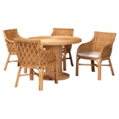 bali & pari Wymond 5-Piece Rattan Dining Set - Round Wicker Table with Pedestal Base and 4 Armchairs, Handwoven Boho Coastal Style for Dining, Kitchen or Sun Room, Light Honey